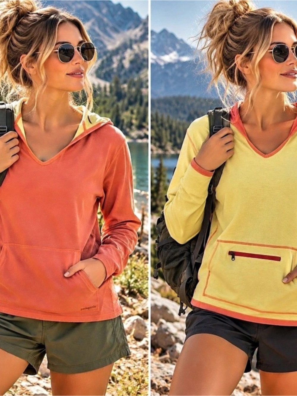 Patagonia Two Fer Hoody Orange Yellow Reversible Kangaroo Pocket Outdoor Top